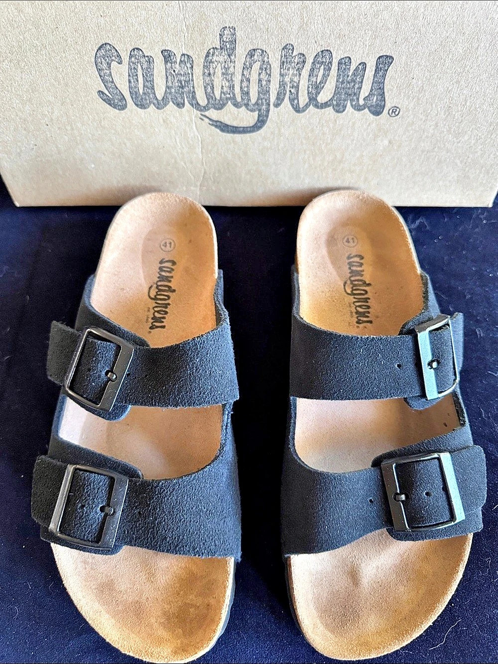 Sandgrens Costa Classic Cork Sandals in Black Ember Suede Like New